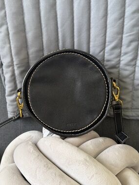 Fossil Black Round Leather Crossbody with Contrast Stitching & Gold Hardware